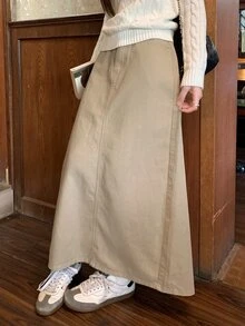 DAZY Women's Washed Slim Straight Denim Skirt - Khaki - View 3