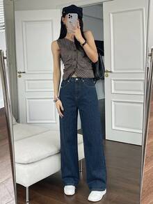 DAZY 女款時尚休閒鈕扣口袋牛仔褲 - 深色水洗藍 - 查看 6