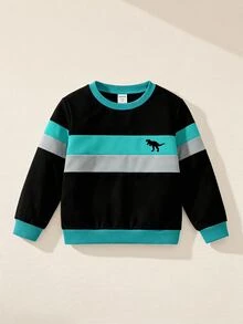 SHEIN Genkimix Kids 1件小男孩可愛恐龍印花拼接運動衫，休閒運動街頭風，適合冬季、學校、返校季、春夏，時尚舒適 - 彩色 - 查看 1