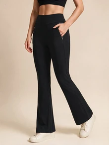 WanderVale Women's Outdoor High Waist Zipper Pocket Sports Long Pants - Black - View 3