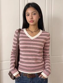 SHEIN 青少年女孩極簡純色V領長袖套頭毛衣，休閒日常穿著，秋冬長袖上衣，學院風V領長袖毛衣，復古V領毛衣，返校穿搭 - 粉色 - 查看 3