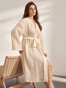 Ocili روب طويل نسائي مريح من القطن الخالص بطبقتين من الكريب بتصميم بسيط مع حافة مكشكشة، ملابس منزلية مقاسات كبيرة - كاكي - مشاهدة 7