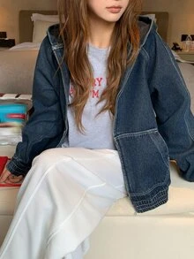 DAZY Women's Thermal Lined Hooded Loose Denim Jacket And Coat - Dark Wash - View 7