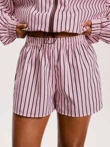 Athîral Women's Striped Long Sleeve Top And Shorts Casual Daily Sports Set - Pink - View 7