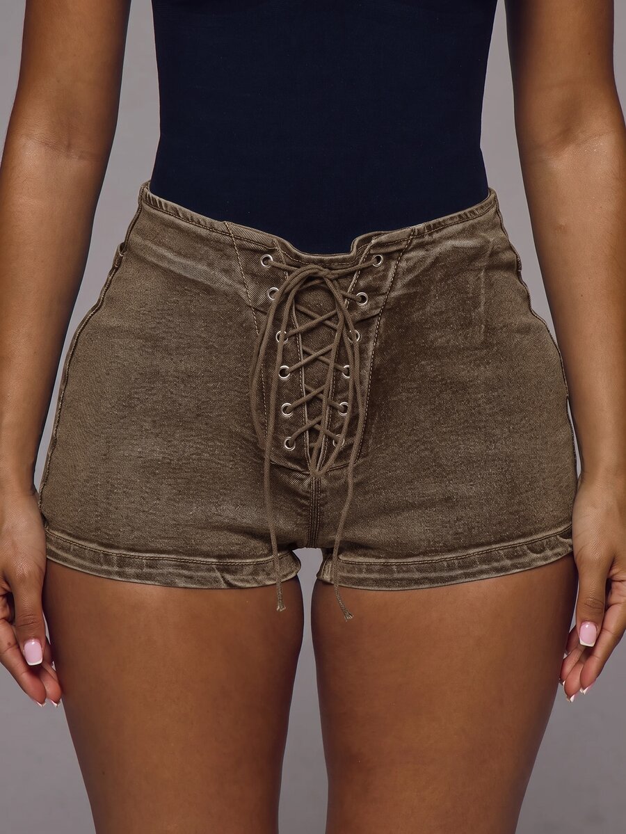 MUSERA Mid Wash Denim Lace Tie Up Mini Shorts Spring Summer Holiday Vacation Festival Cool Girl Party Casual Y2k Rave Ibiza - Khaki - View 1