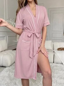 Miss Vinta رداء منزلي نسائي كاجوال بلون موحد من الحرير الجليدي المحبوك بتصميم مضلع وأكمام قصيرة - وردي مغبر - مشاهدة 3