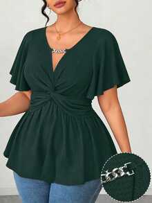 EMERY ROSE Plus Size Women Spring/Summer Chain Splice Ruffle Twist Waist Knitted Solid Color Elegant Graceful A-Line V-Neck T-Shirt Top - Dark Green - View 7