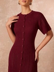 Lumalex 女款素色短袖單排扣修身優雅針織洋裝 - 紅色 - 查看 9
