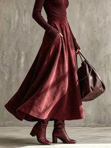 Glimmora Autumn/Winter Plus Size Women's Vintage Fashion Plus Size Flare Solid Color Pocket Skirt Fall - Burgundy - View 4