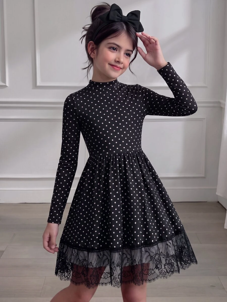 SHEIN Girls' New Elegant Fashion Princess Style Black Mesh Dress - Black - View 1