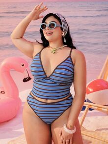 Swim Mod Plus Size Women 2 Pieces Random Geometric Square Print Fashion Vacation Casual Minimalist Slimming Tummy Control Conservative Bow Adjustable Thick Strap High Waist High Leg Triangle Bikini Swimsuit 2026 New Style - Blue - View 3