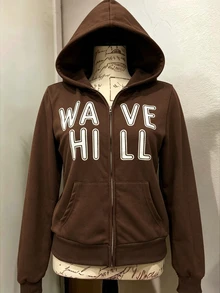 INAWLY Women's Letter Print Zip-Up Long Sleeve Sweatshirt - Rust Brown - View 5