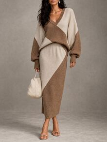 LUMIGAL Women's Colorblock V-Neck Drop Shoulder Long Sleeve Sweater And Knitted Skirt Casual 2 Pieces Set - Multicolor - View 6