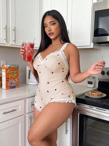 ZzzCrew Plus Size Colorblock Lace Backless Cherry Print Cami Jumpsuit Pajamas - Apricot - View 4