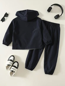 SHEIN 2件裝兒童小男孩休閒日常百搭舒適拼接連帽半拉鍊套頭寬鬆長袖外套 - 彩色 - 查看 2