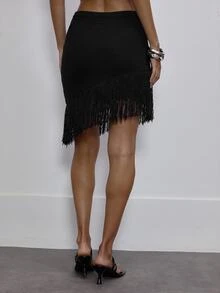 MUSERA Stripe Asymmetric Tassel Hem Midi Skirt Cute Daily Girly Sweet Mischief - Black - View 4