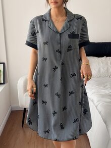 Napfluff 女款藍色蝴蝶結條紋短袖襯衫洋裝，可愛風格，舒適居家服 - 黑色 - 查看 4
