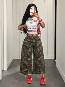 SHEIN Tall Women's Camouflage Print Cargo Pocket Raw Hem Wide Leg Washed Denim Jeans - Multicolor - View 6