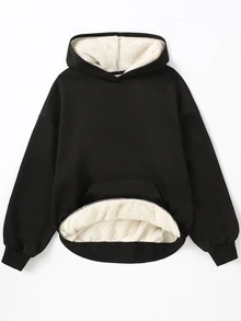 SHEIN 青少年女孩黑色休閒寬鬆加厚抓絨口袋運動衫，適合秋冬穿著 - 黑色 - 查看 3