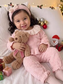 SHEIN Bộ 2 món áo tay dài cổ tròn bèo nhún lông giả và quần dài cho bé gái, phong cách dễ thương, mặc nhà thường ngày, chất lông xù mềm mại, thoải mái, thu đông - Hồng - Xem 2
