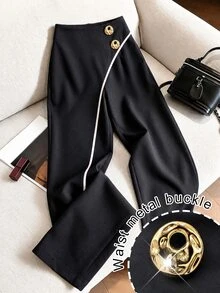 Modelyn Niche Design Black Wide Leg Pants For Women With 2 Gold Buttons Contrast Color Line Drape Suit Pants Slimming Long Pants - Black - View 6