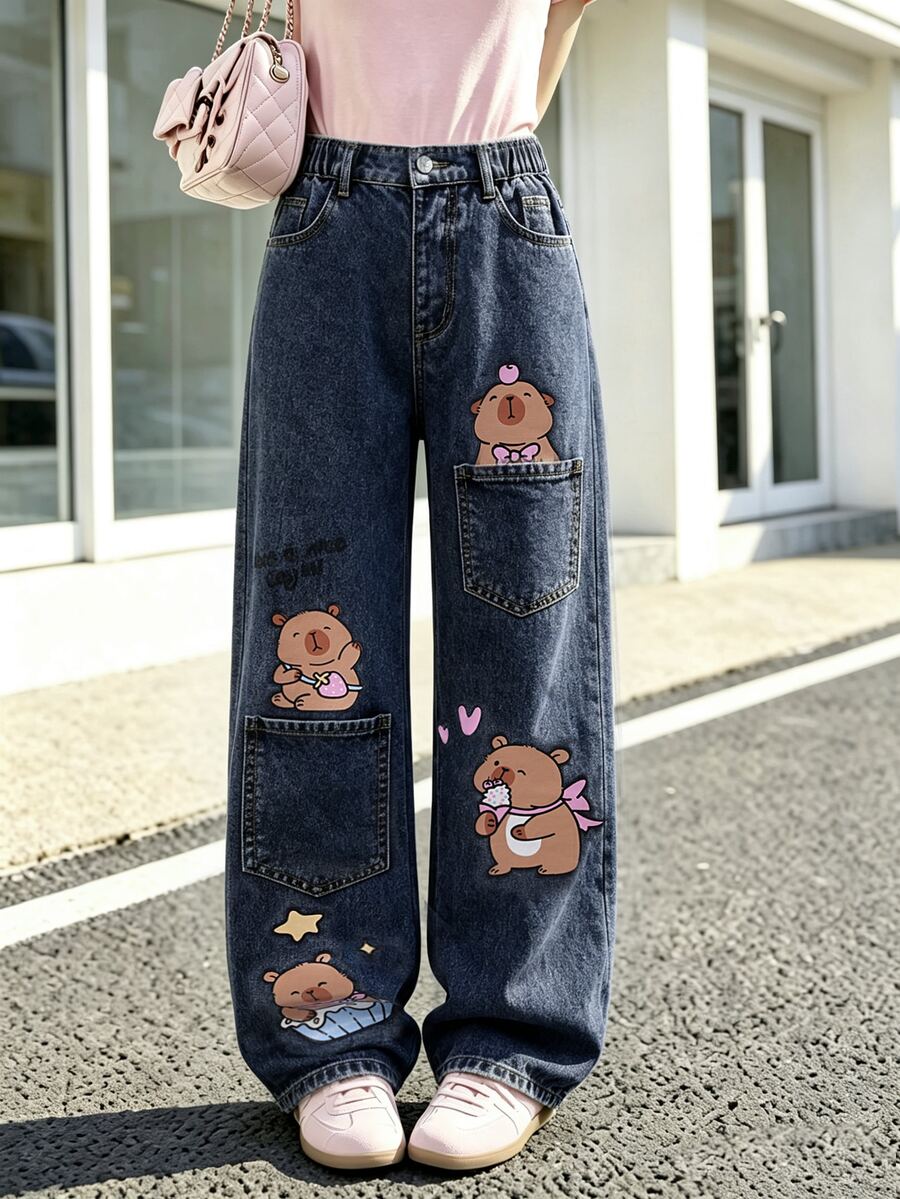SHEIN Tween Girls Graffiti Heart & Letter Print Y2K Style Light Blue Denim Jeans, Casual Loose Wide Leg Fit, Distressed Ripped Vintage Washed Jeans - Dark Wash - View 1