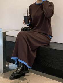 Livesso Women's Contrast Color Long Sleeve Sweater And Long Skirt 2 Pieces Set - Coffee Brown - View 5