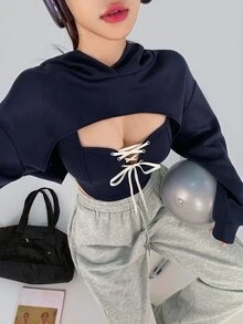 DAZY Set Atasan Wanita dengan Ikatan Depan dan Hoodie Lengan Panjang - Navy Blue - View 7