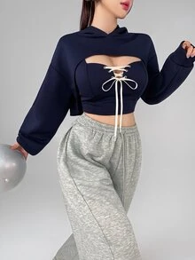 DAZY Set Atasan Wanita dengan Ikatan Depan dan Hoodie Lengan Panjang - Navy Blue - View 2