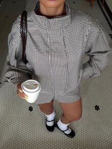 Muchica Plus Size Plaid Button Long Sleeve Jacket And Shorts 2 Pieces Set - Grey - View 6