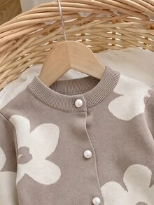 SHEIN Baby Girl Floral Pattern Long Sleeve Top And Pants Knit Set - Khaki - View 8
