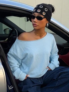SHEIN EZwear 淺藍色女款露肩寬鬆休閒長袖衛衣 34%棉 - 粉色 - 查看 5