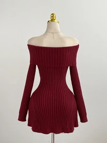Elamini Minimalist Women's Autumn/Winter Red Long Sleeve Slim Fit Cable Knit Cold Shoulder Sweater Dress - Red - View 2