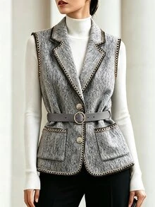 SHEIN Franclia Women's Elegant Gold Trim Woven Tape Edged Vest Jacket, Suitable For Daily Layering And Dining - Grey - View 3