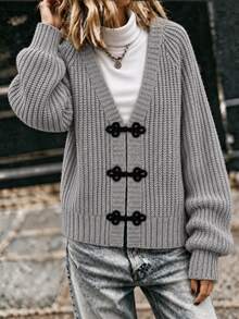 Balvessa Women's Loose Casual Knitted Cardigan With Frog Button Placket And Long Sleeves - Grey - View 4