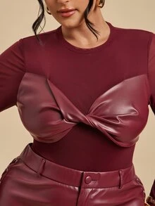 SHEIN BAE CURVE بودي سوت نسائي مقاس كبير من جلد PU وشبك بتصميم مرقع وأكمام طويلة - عنابي اللون - مشاهدة 8