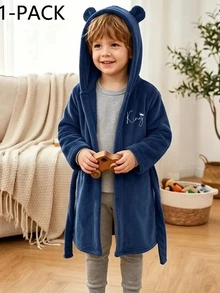 Boys' Simple Royal Blue Plush Long Sleeve Hooded Robe Loungewear - Blue - View 6