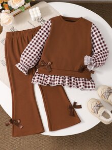 SHEIN Playful Pals 女童格紋 2 合 1 假背心長袖上衣與蝴蝶結喇叭褲套裝，休閒秋季街頭風 2 件套穿搭 - 棕色 - 查看 4