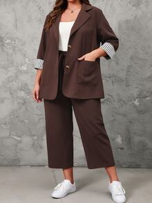 SHEIN LUNE 2pcs Plus Size Women's Striped Collar Top And Pants Set Fall - Coffee Brown - View 5
