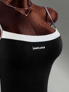 Amplova 女款字母印花撞色細肩帶運動連身褲 - 黑色 - 查看 5