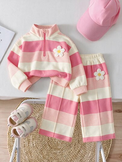 SHEIN Young Girls Pink & White Striped -Zip Collar Set, 3D Floral Loose Winter Top + Wide Leg Pants, Sweet Casual Baby 2 Pieces Outfit For Spring & Autumn