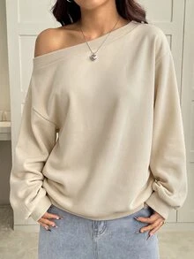 SHEIN EZwear Women's Loose Asymmetrical Shoulder Thermal Lined Sweatshirt, Apricot, Autumn/Winter - Apricot - View 5