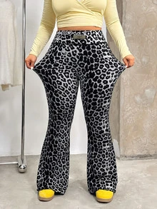 Muchica Plus Size Leopard Print Flared Jeans, Autumn/Winter - Dark Grey - View 4