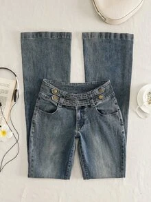 SHEIN Tall بنطلون جينز طويل بخصر منخفض بأسلوب قوطي عصري مع أزرار مغسول بقصة ضيقة وفتحة واسعة - أزرق داكن - مشاهدة 6