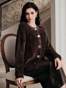 Anewsta Women's Brown Plush Comfortable Knit Cardigan Sweater For Autumn - Burgundy - View 7