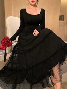 DAZY Women's Solid Color Square Neck Long Sleeve Elegant Mesh Full Skirt Dress - Black - View 3