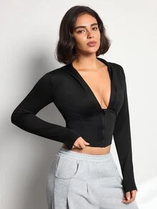 Costa Lumi Women's Solid Color Zip-Up Hooded Casual Sports Sweatshirt - Black - View 3