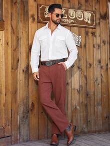 DREXORIN Men's Solid Color Long Sleeve Utility Pocket Casual Shirt - White - View 2