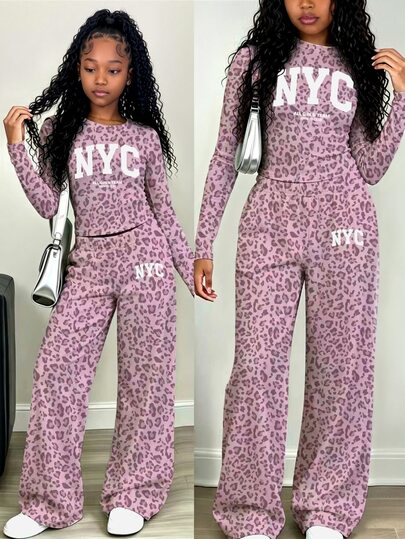 Tween Girls 1 Set Fall NYC Leopard Print Ruched Waist Long Sleeve T-Shirt & Wide Leg Pants Set, Casual Autumn Outfit