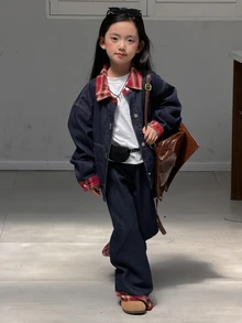 DAZY Tween Girl Patchwork Plaid Cuff Single-Breasted Denim Jacket And Jeans Casual Set - Dark Wash - View 4
